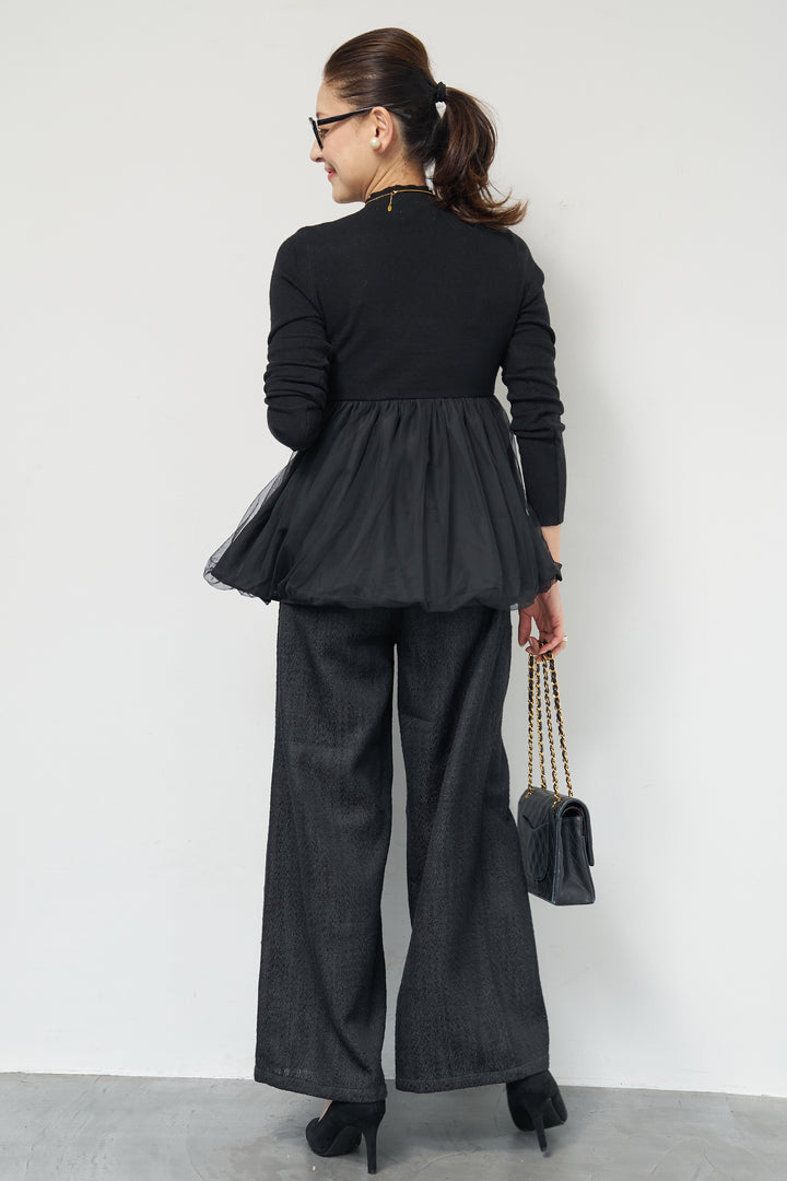 [SET]チュールドッキングニット+デニムライクヘリンボーンパンツ(2set)