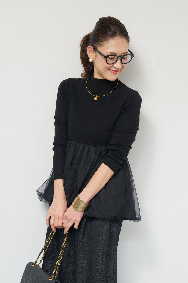 [SET]チュールドッキングニット+デニムライクヘリンボーンパンツ(2set)