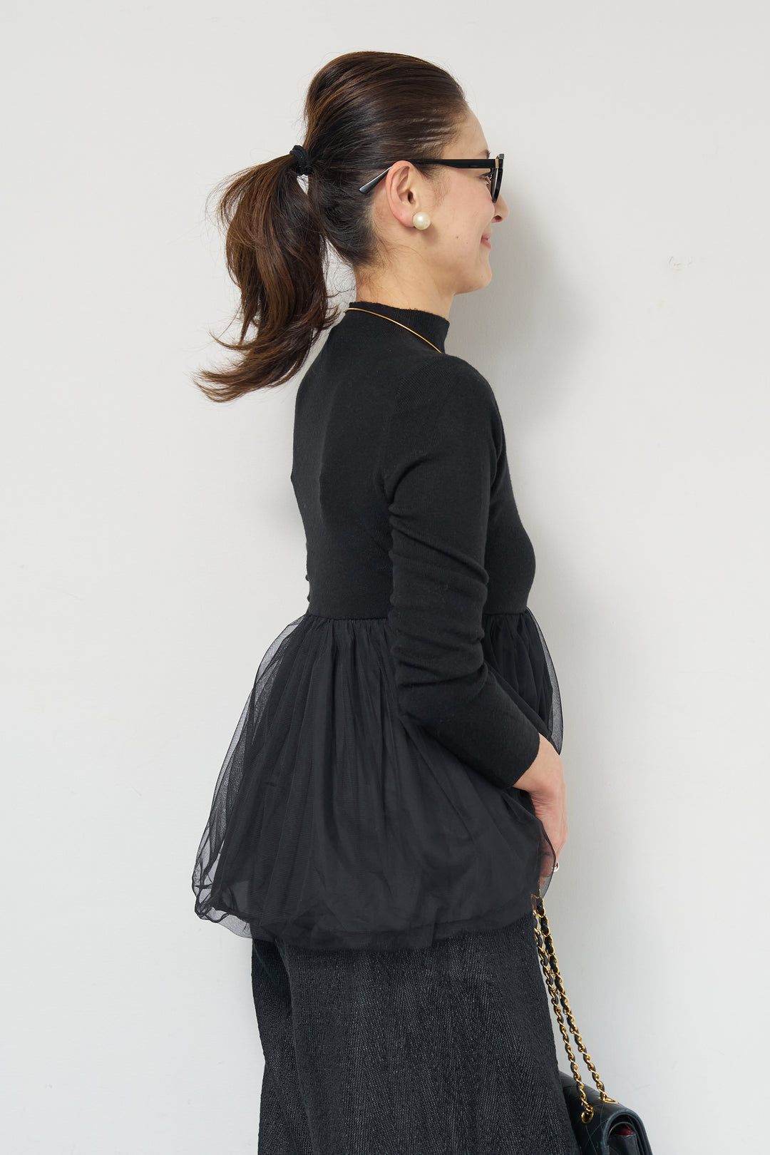 [SET]チュールドッキングニット+デニムライクヘリンボーンパンツ(2set)