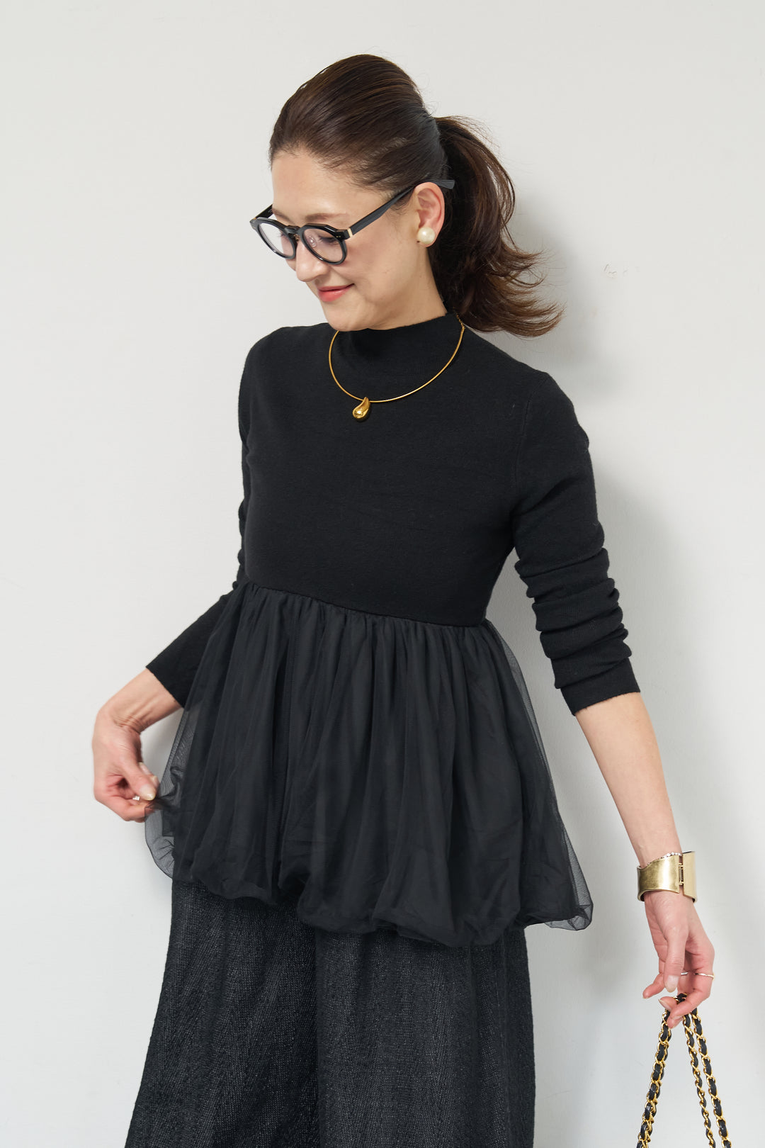 [SET]チュールドッキングニット+デニムライクヘリンボーンパンツ(2set)