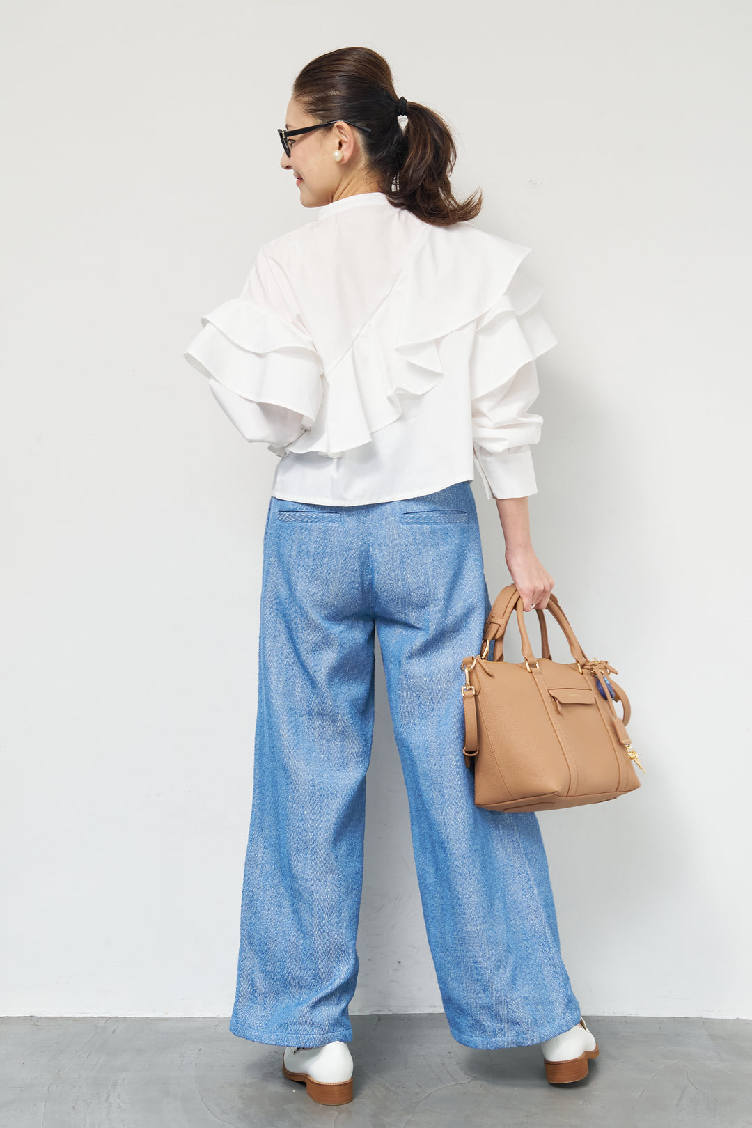 [SET]ショートアシメラッフルシャツ+デニムライクヘリンボーンパンツ(2set)