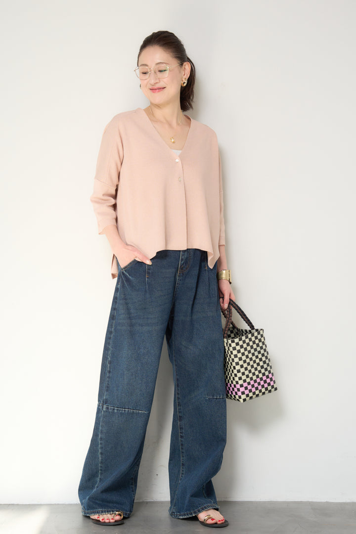 [SET]ウォッシャブルサラッとラメカーディガン+カーブデニムパンツ(2set)