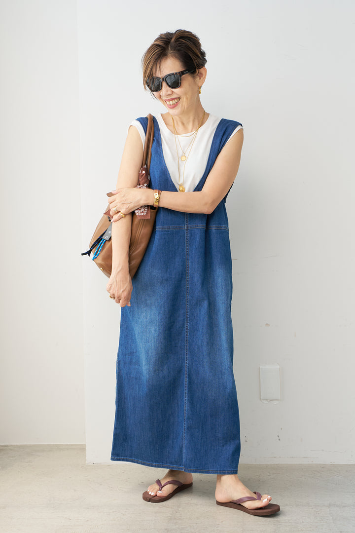 [SET] Stretch denim jumper skirt + [Water repellent, quick-drying] USA cotton sleeveless pullover (2 sets)