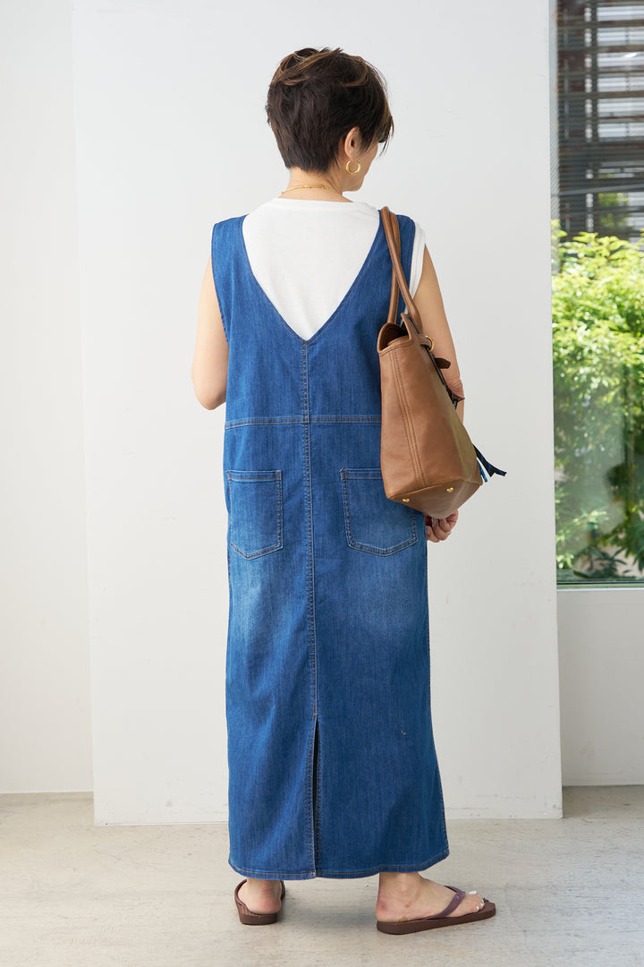 [SET] Stretch denim jumper skirt + [Water repellent, quick-drying] USA cotton sleeveless pullover (2 sets)