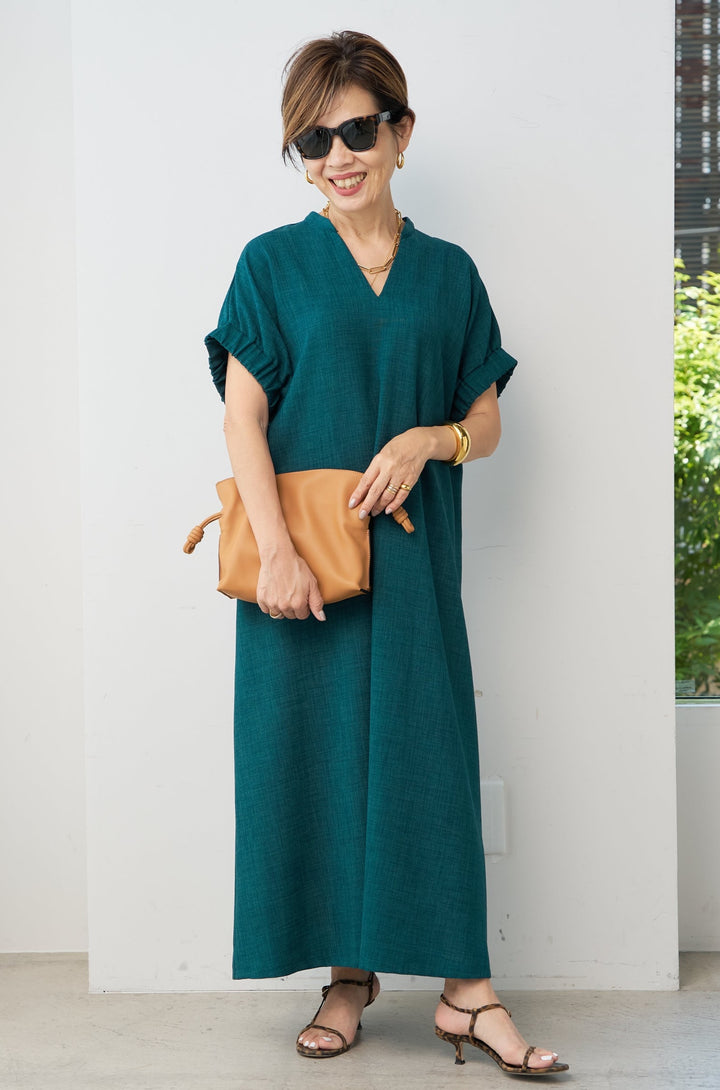 Linen-like gathered sleeve dress
