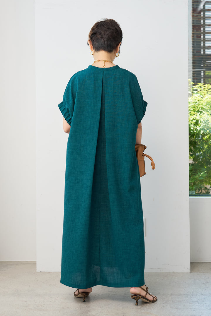 Linen-like gathered sleeve dress