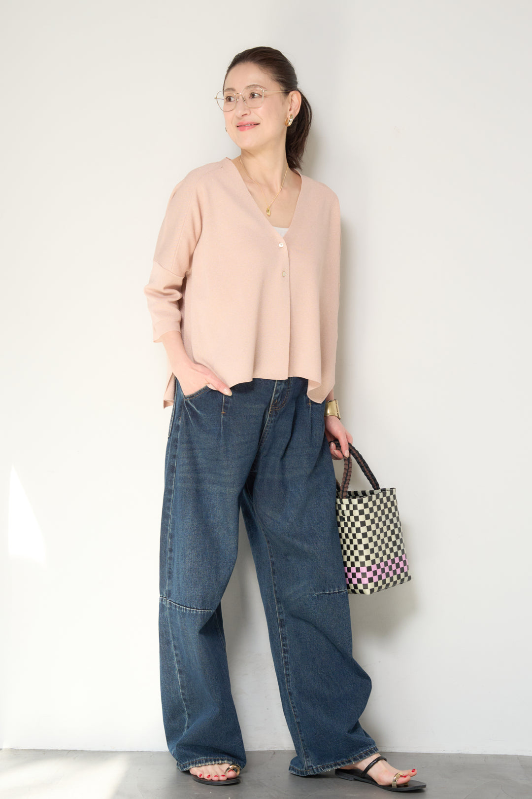 [SET]ウォッシャブルサラッとラメカーディガン+カーブデニムパンツ(2set)