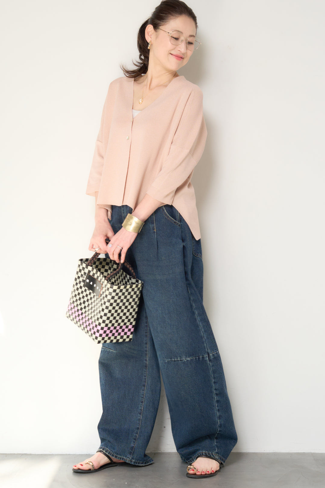 [SET]ウォッシャブルサラッとラメカーディガン+カーブデニムパンツ(2set)