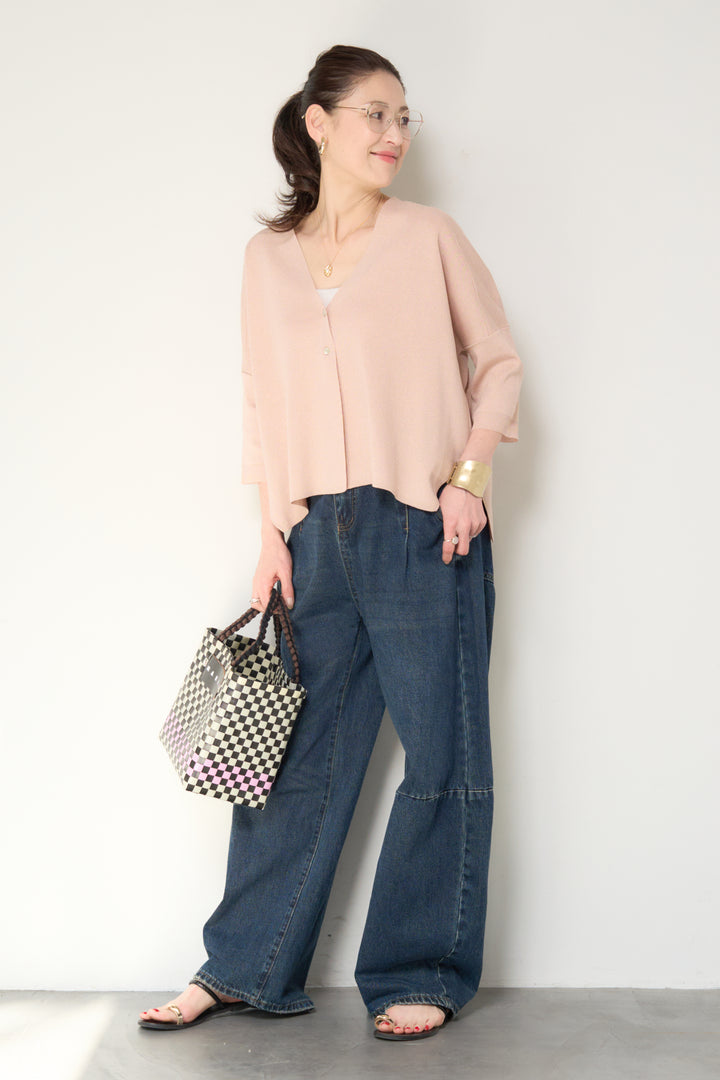 [SET]ウォッシャブルサラッとラメカーディガン+カーブデニムパンツ(2set)