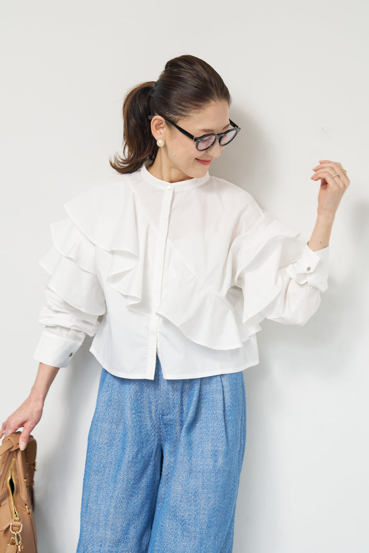 [SET]ショートアシメラッフルシャツ+デニムライクヘリンボーンパンツ(2set)