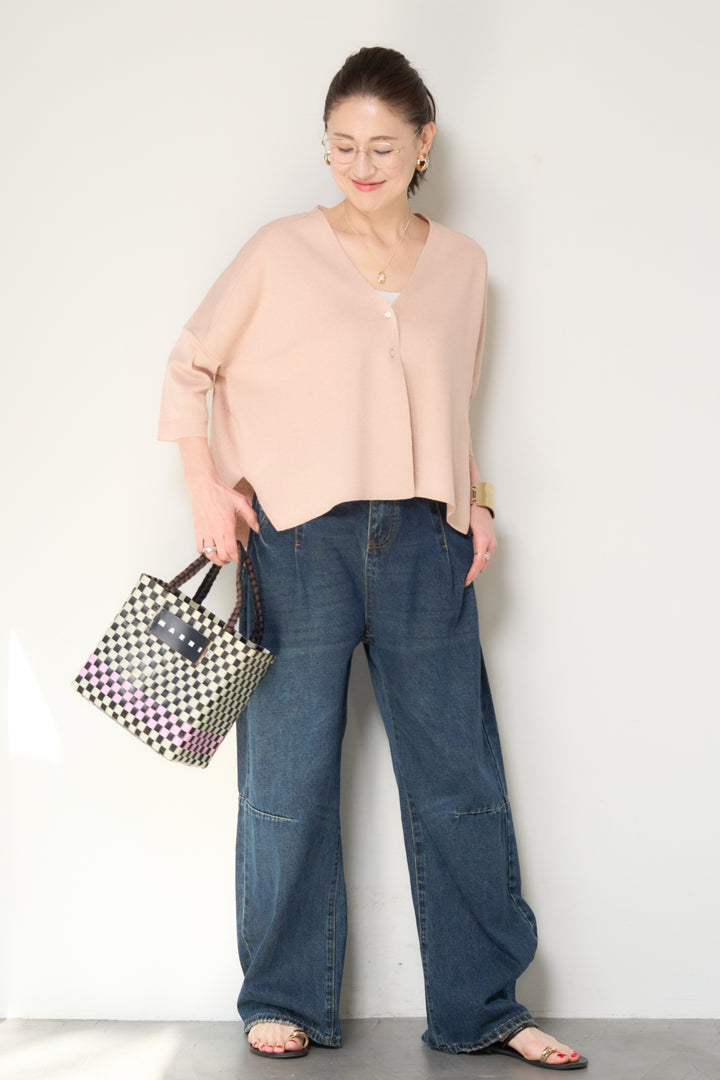 [SET]ウォッシャブルサラッとラメカーディガン+カーブデニムパンツ(2set)