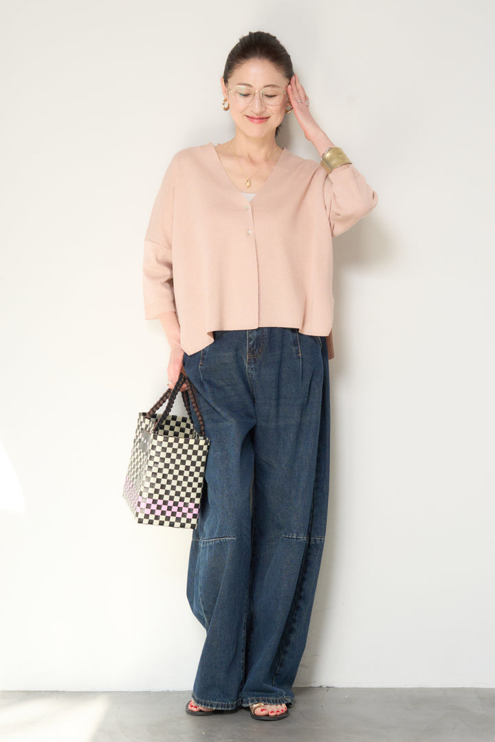 [SET]ウォッシャブルサラッとラメカーディガン+カーブデニムパンツ(2set)