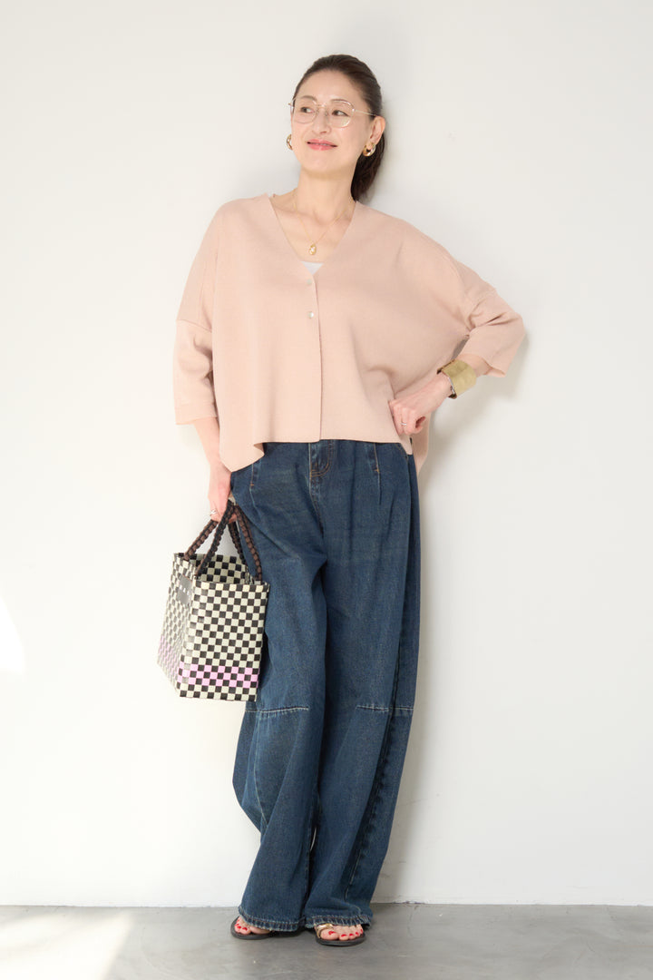 [SET]ウォッシャブルサラッとラメカーディガン+カーブデニムパンツ(2set)