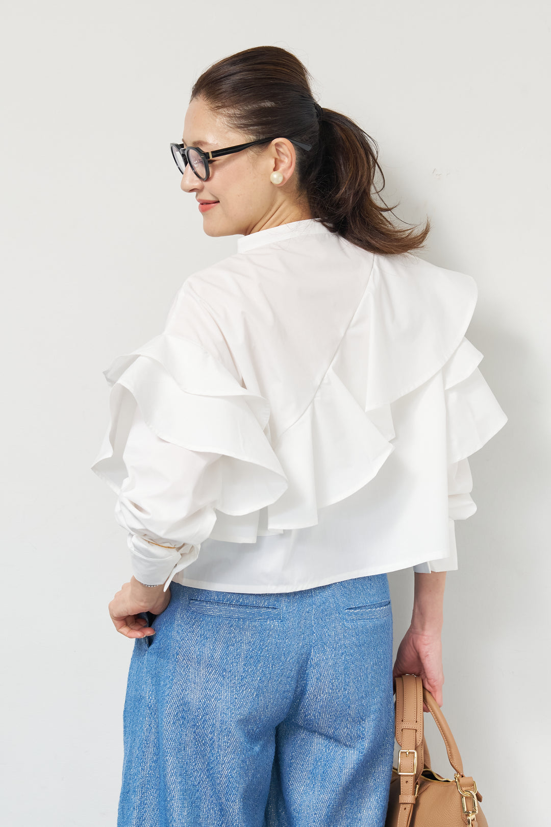 [SET]ショートアシメラッフルシャツ+デニムライクヘリンボーンパンツ(2set)