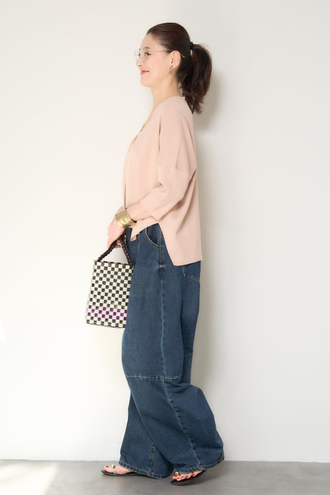 [SET]ウォッシャブルサラッとラメカーディガン+カーブデニムパンツ(2set)