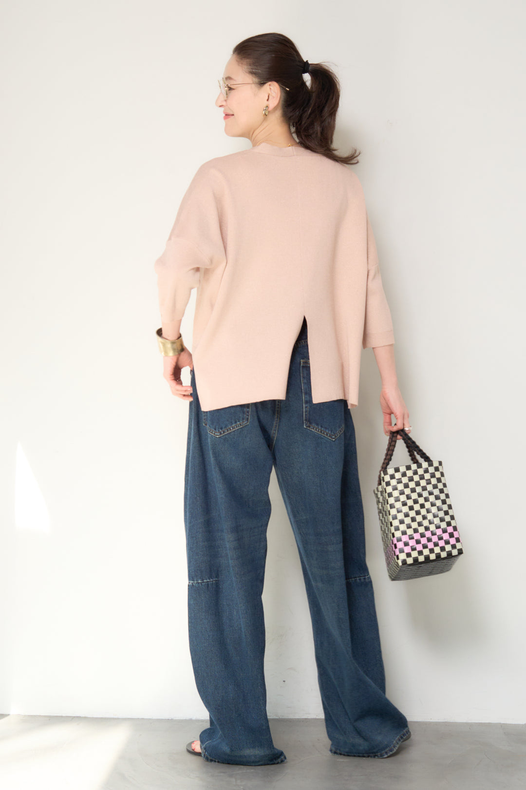 [SET]ウォッシャブルサラッとラメカーディガン+カーブデニムパンツ(2set)