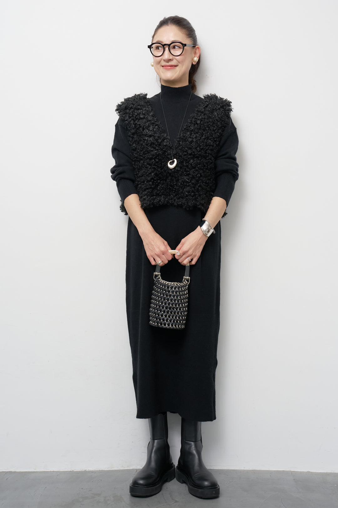 [SET]ショートカールボアベスト+モックネックニットワンピース(2set)