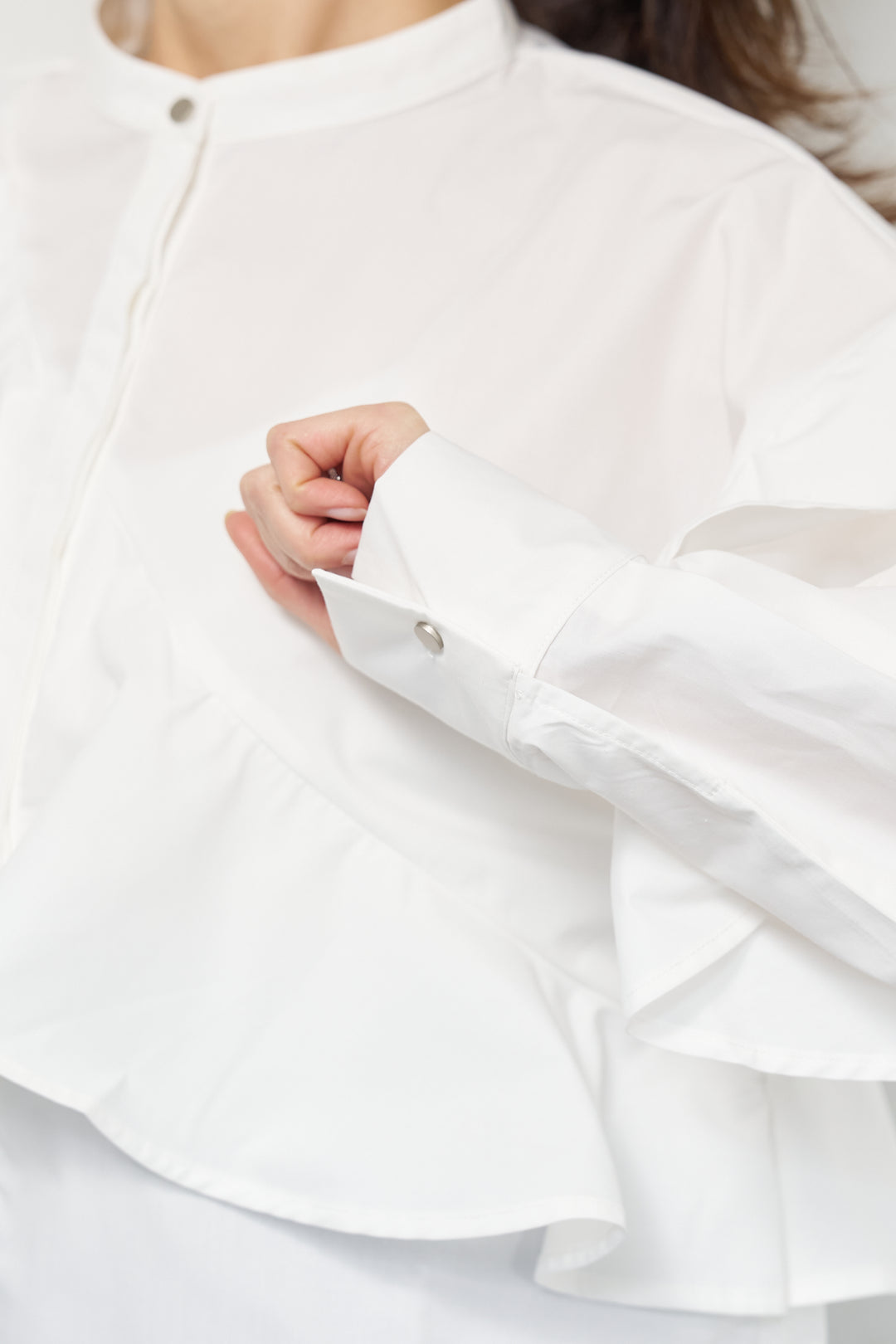 [SET]ショートアシメラッフルシャツ+デニムライクヘリンボーンパンツ(2set)