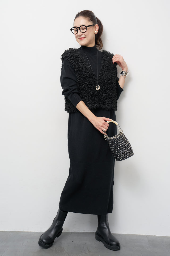 [SET]ショートカールボアベスト+モックネックニットワンピース(2set)