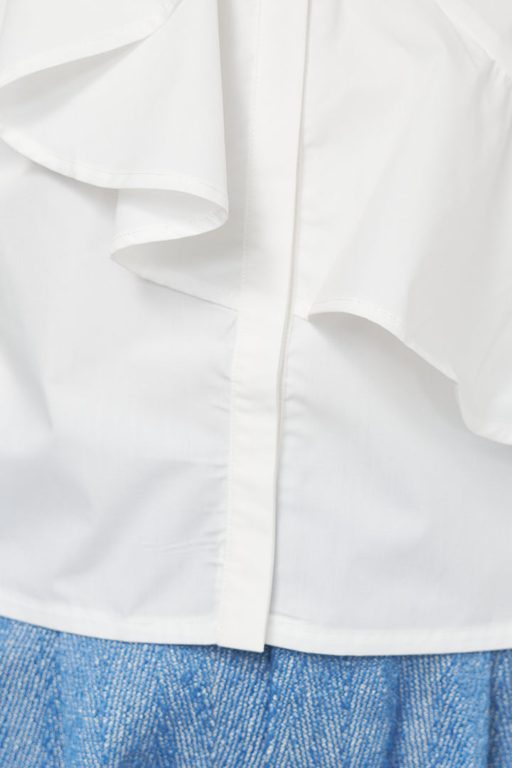 [SET]ショートアシメラッフルシャツ+デニムライクヘリンボーンパンツ(2set)