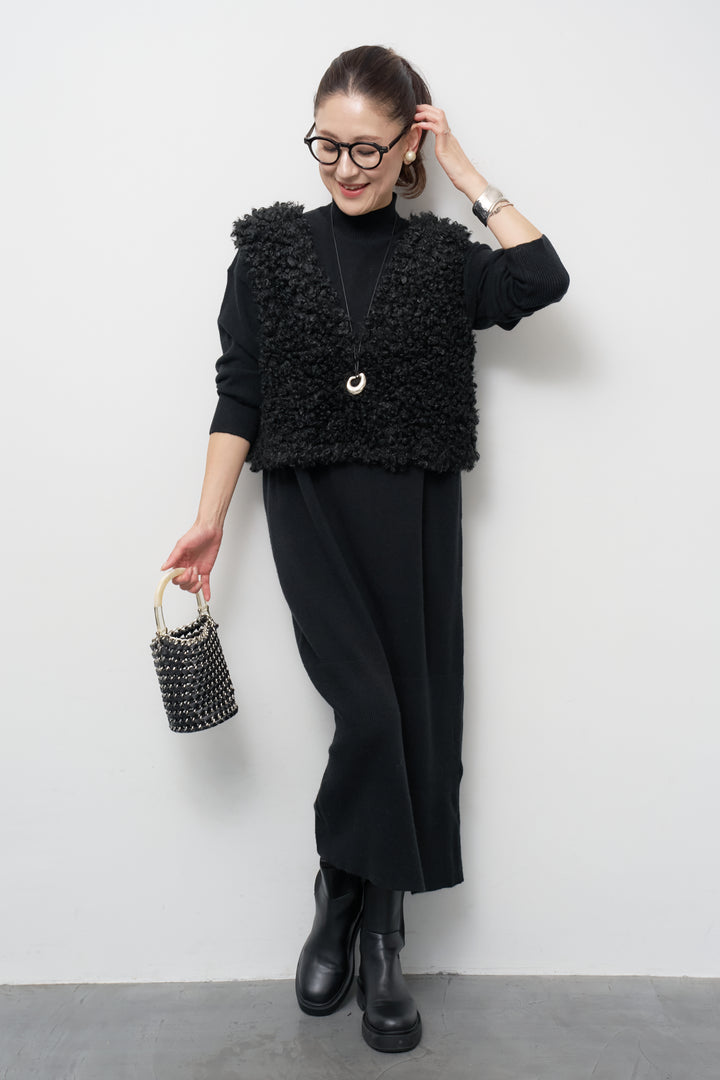 [SET]ショートカールボアベスト+モックネックニットワンピース(2set)