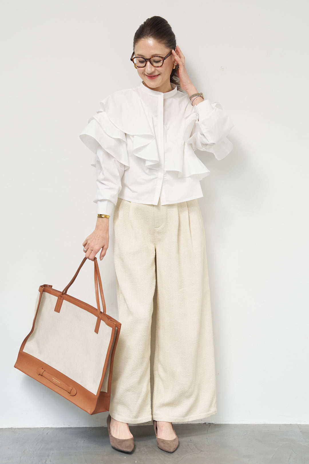 [SET]ショートアシメラッフルシャツ+デニムライクヘリンボーンパンツ(2set)