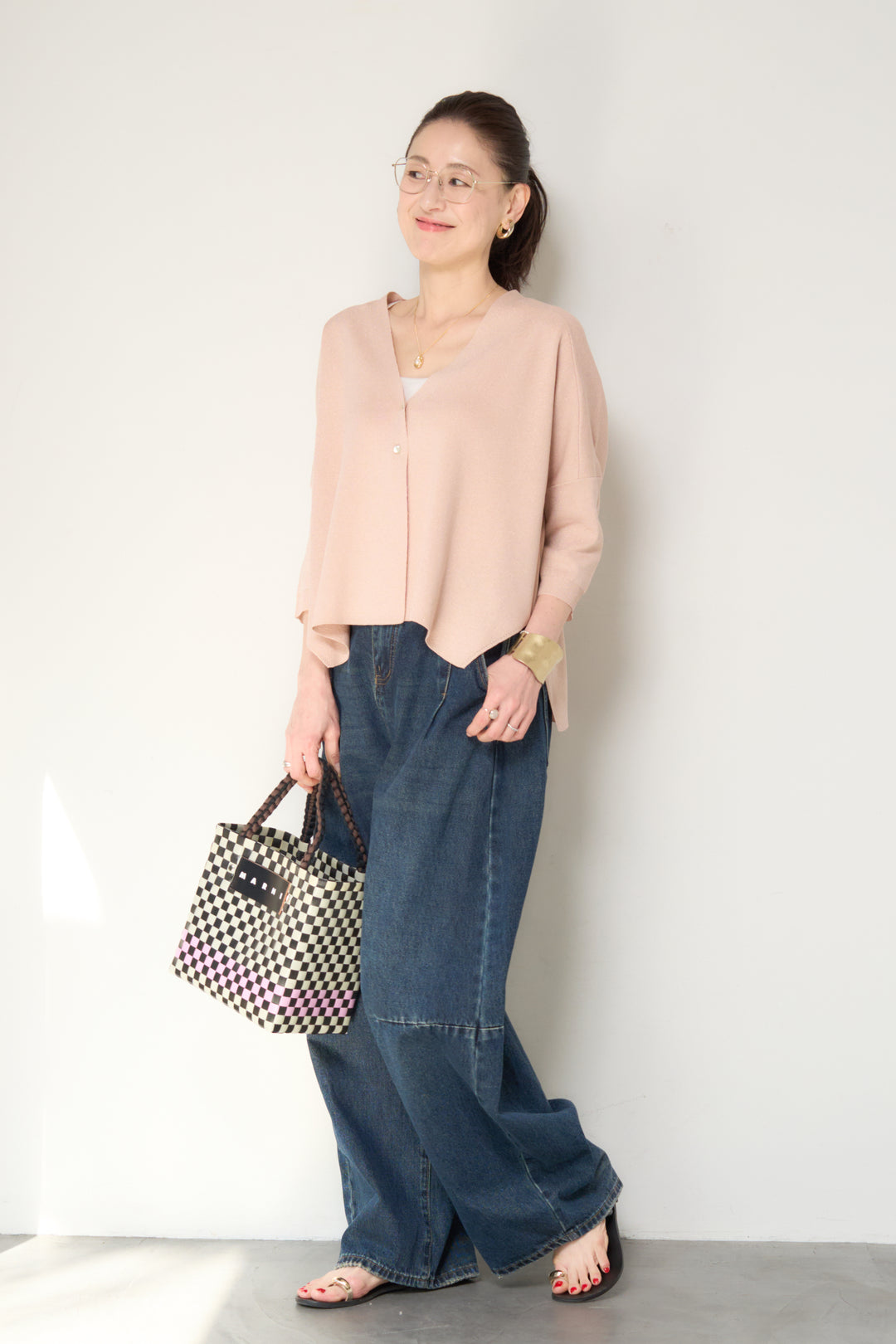 [SET]ウォッシャブルサラッとラメカーディガン+カーブデニムパンツ(2set)