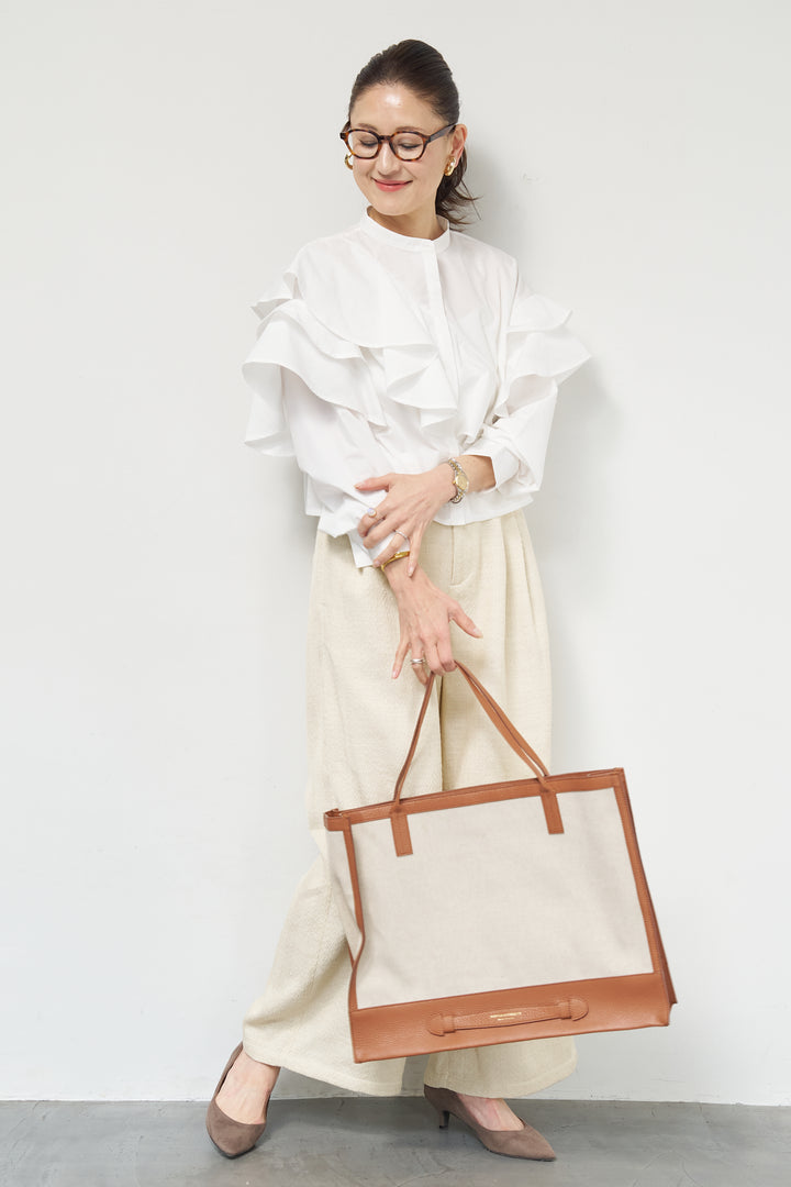 [SET]ショートアシメラッフルシャツ+デニムライクヘリンボーンパンツ(2set)