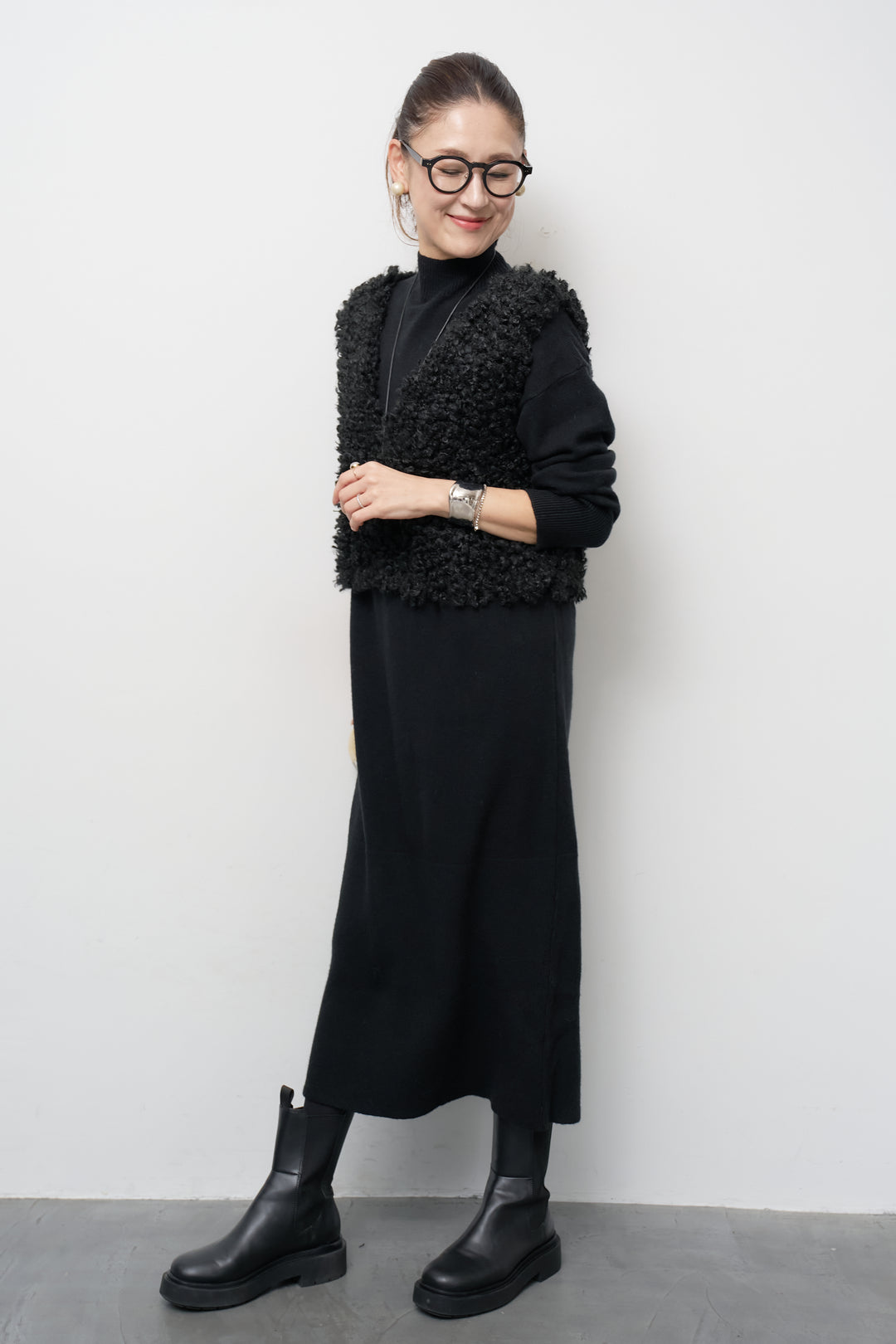 [SET]ショートカールボアベスト+モックネックニットワンピース(2set)