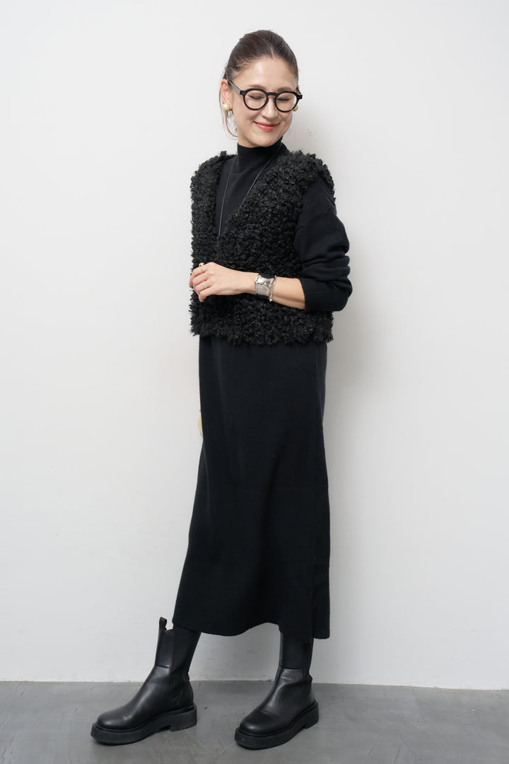 [SET]ショートカールボアベスト+モックネックニットワンピース(2set)