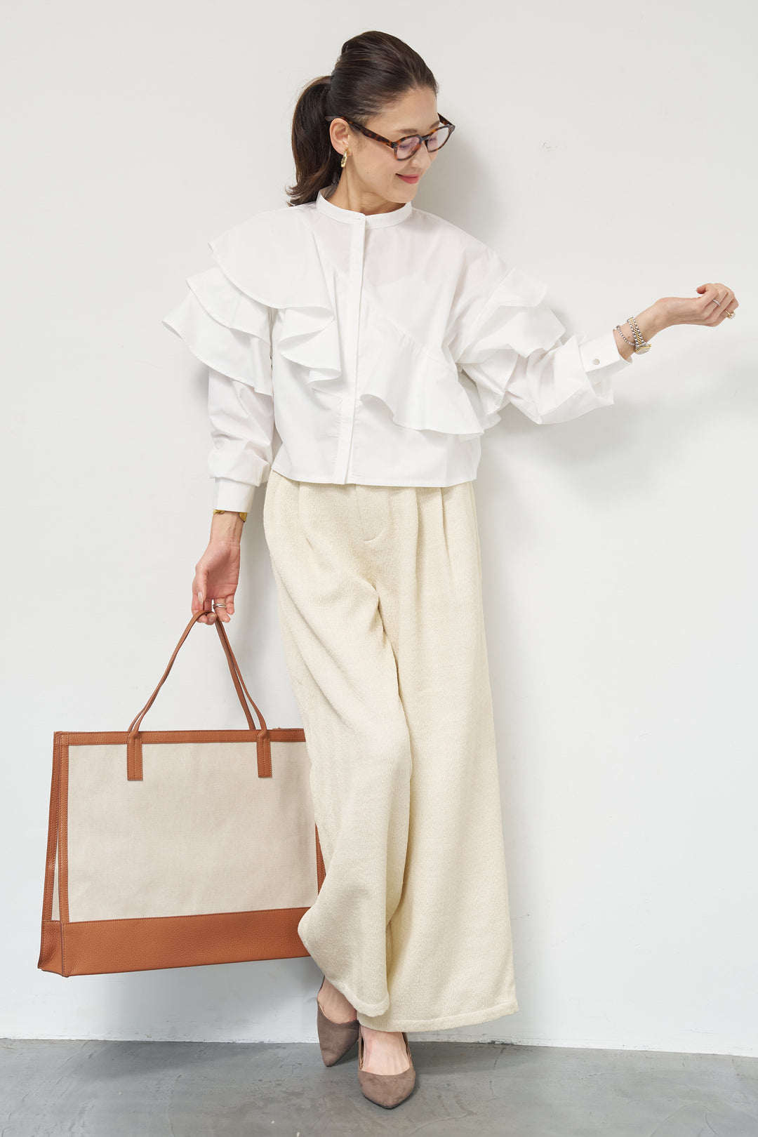 [SET]ショートアシメラッフルシャツ+デニムライクヘリンボーンパンツ(2set)