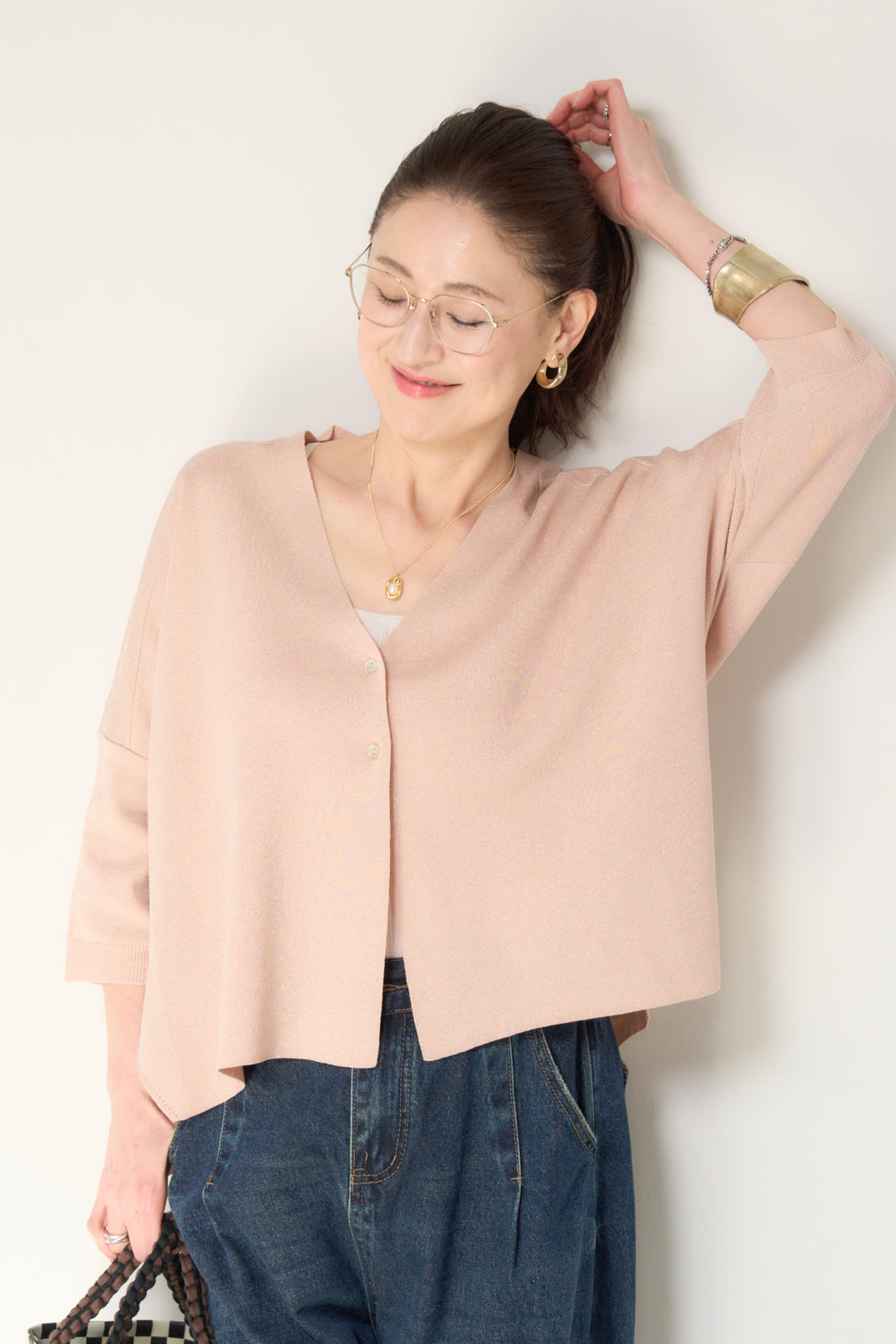 [SET]ウォッシャブルサラッとラメカーディガン+カーブデニムパンツ(2set)