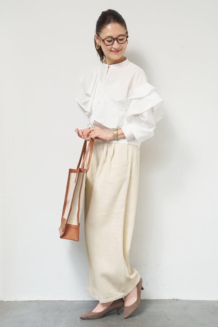 [SET]ショートアシメラッフルシャツ+デニムライクヘリンボーンパンツ(2set)