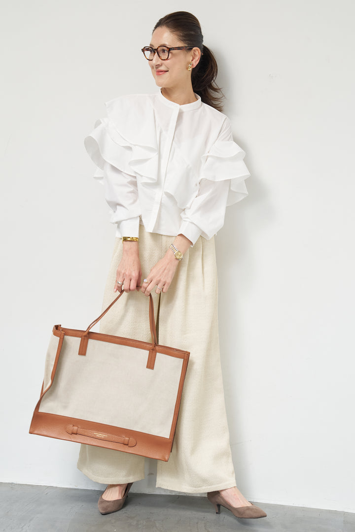 [SET]ショートアシメラッフルシャツ+デニムライクヘリンボーンパンツ(2set)