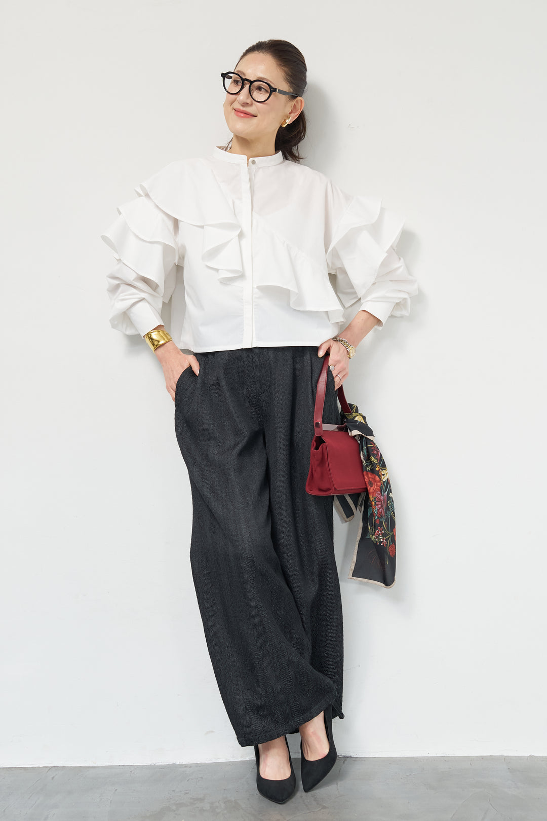 [SET]ショートアシメラッフルシャツ+デニムライクヘリンボーンパンツ(2set)