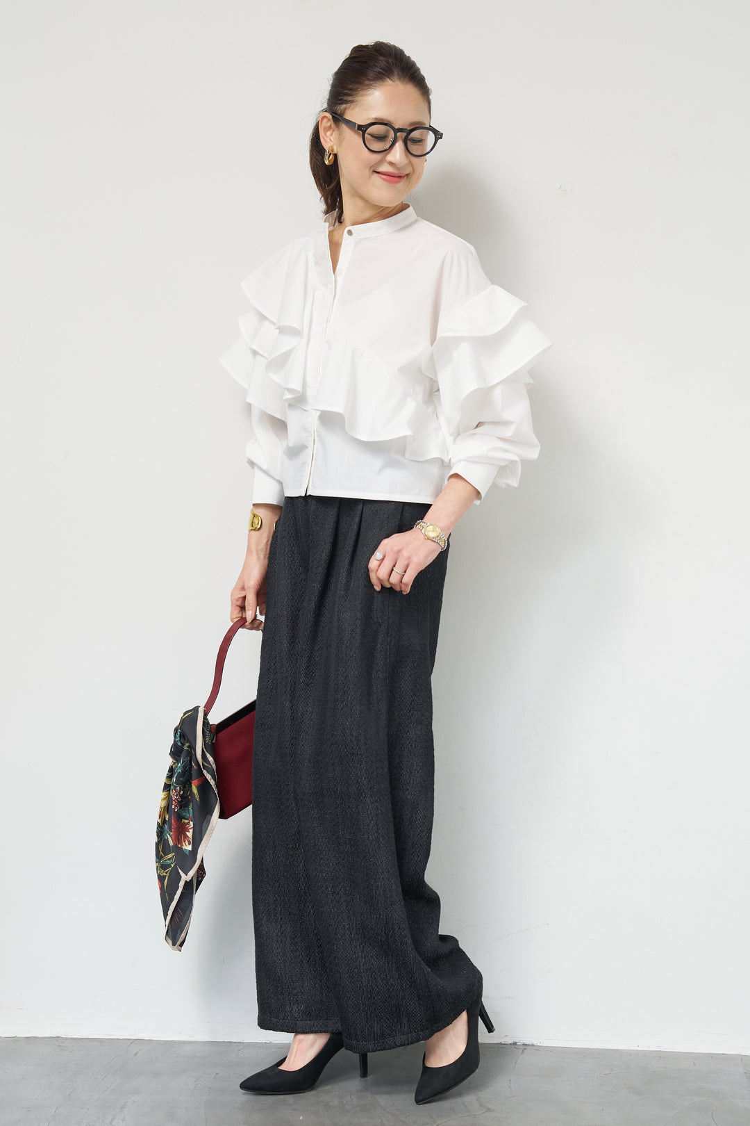 [SET]ショートアシメラッフルシャツ+デニムライクヘリンボーンパンツ(2set)