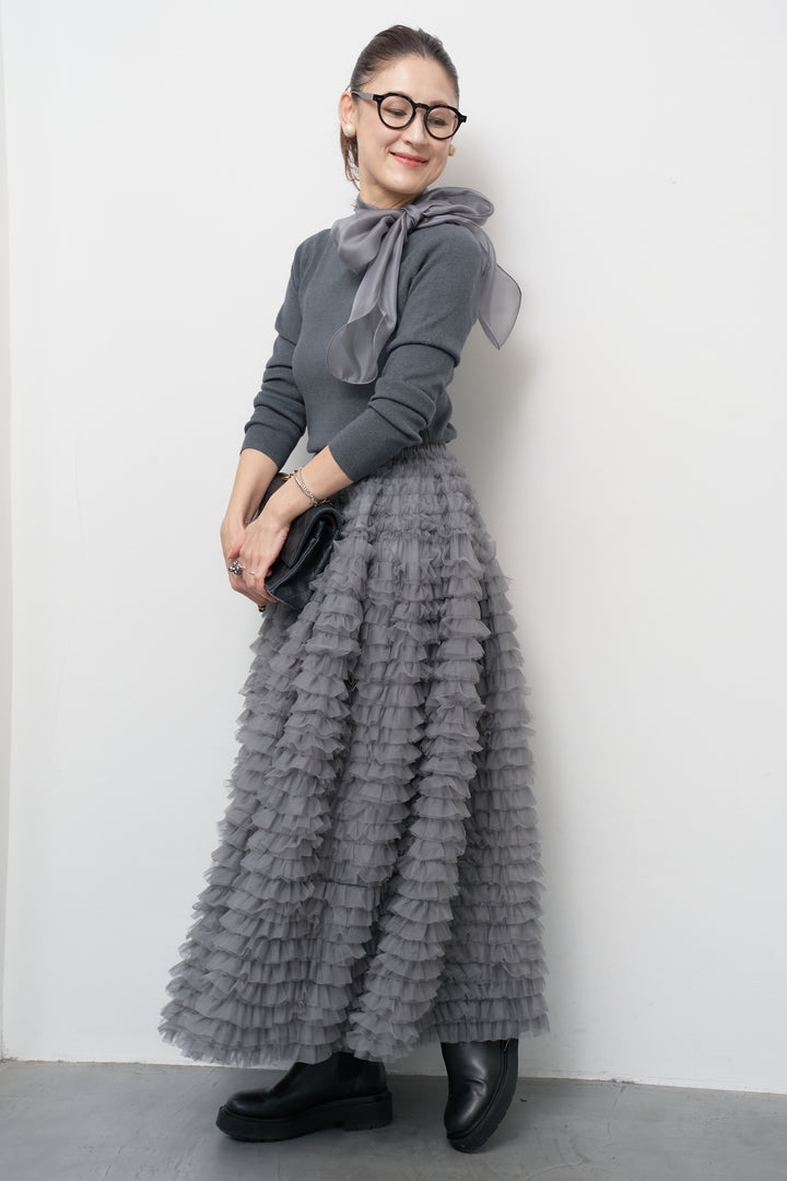 [SET]シフォンボウタイニット+チュールティアードスカート(2set)