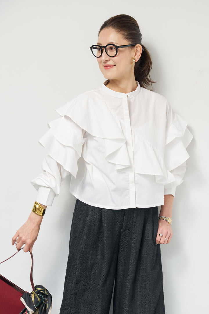 [SET]ショートアシメラッフルシャツ+デニムライクヘリンボーンパンツ(2set)