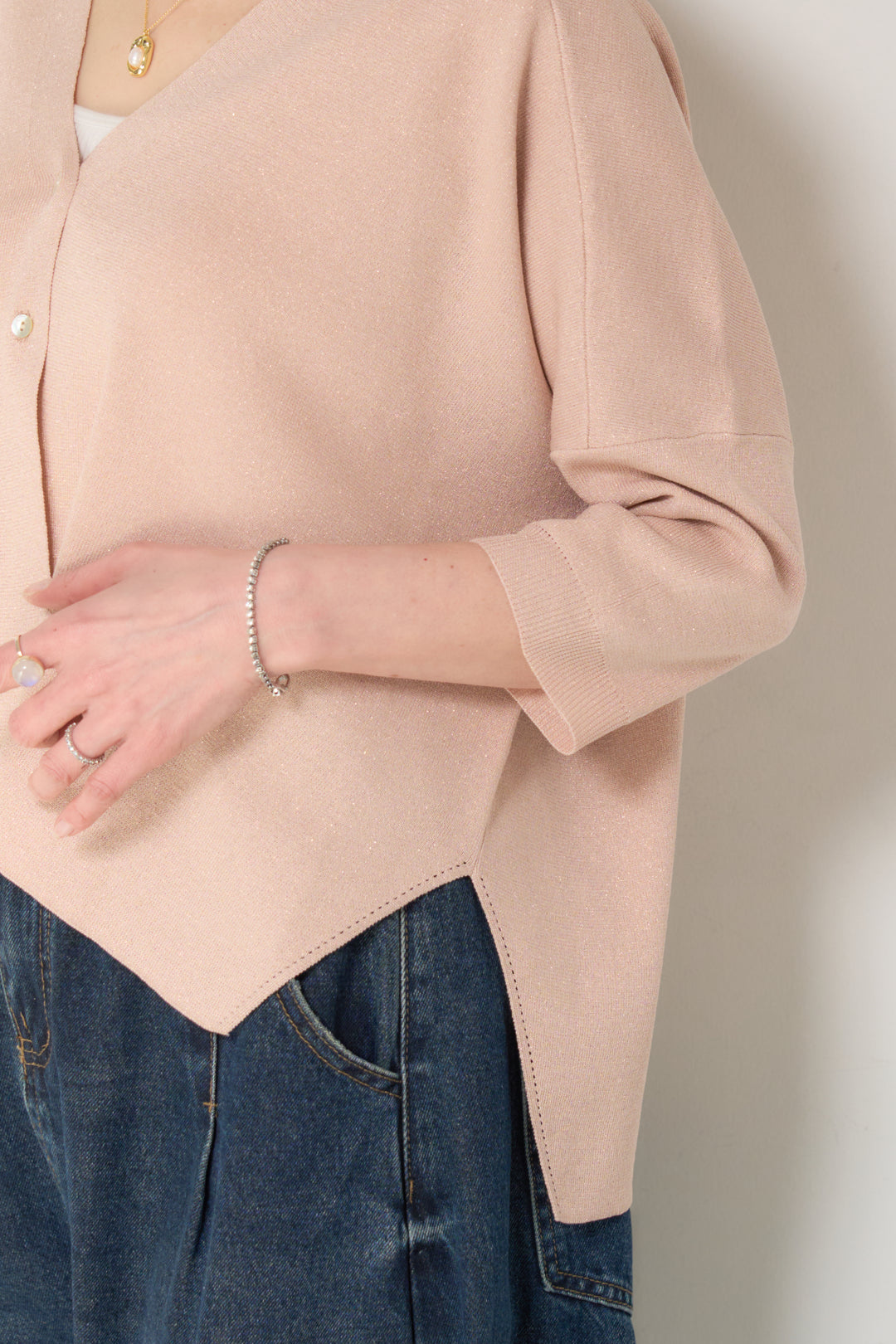 [SET]ウォッシャブルサラッとラメカーディガン+カーブデニムパンツ(2set)