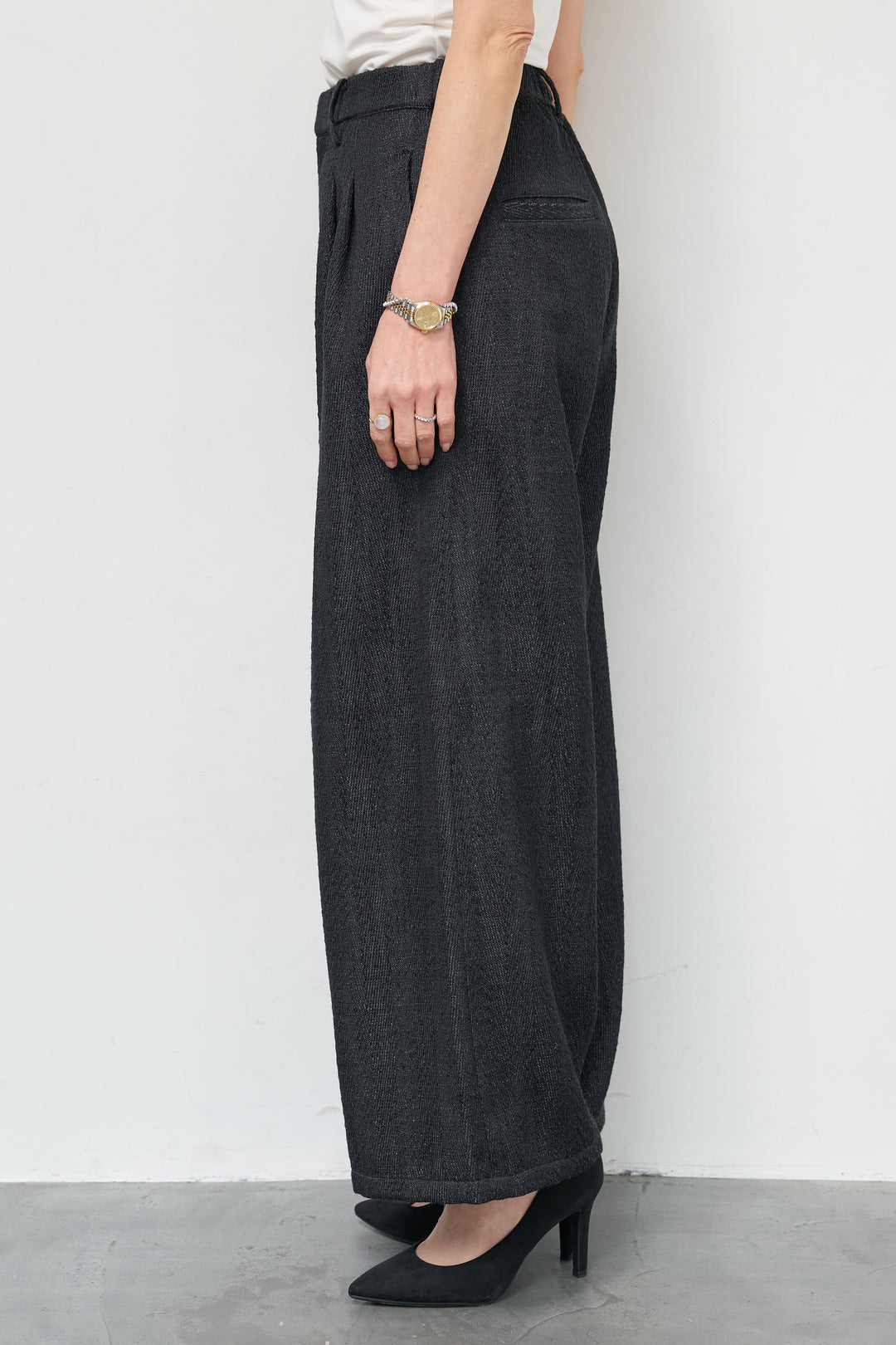 [SET]ショートアシメラッフルシャツ+デニムライクヘリンボーンパンツ(2set)