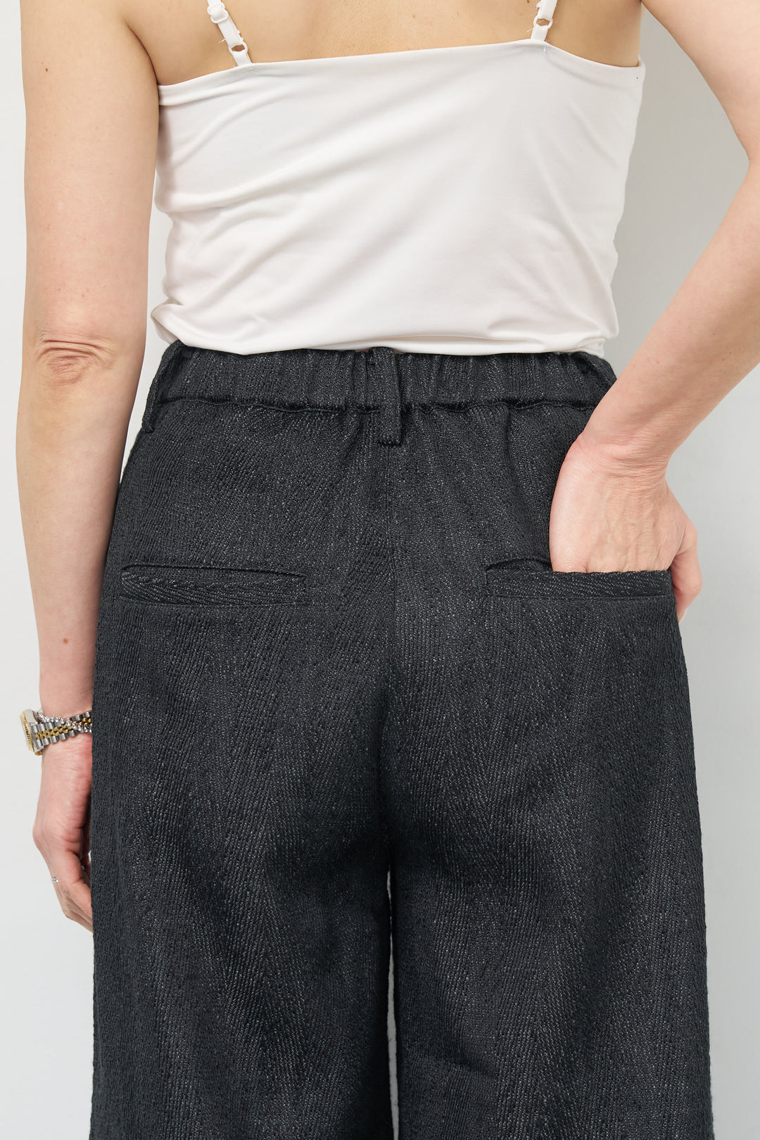 [SET]ショートアシメラッフルシャツ+デニムライクヘリンボーンパンツ(2set)