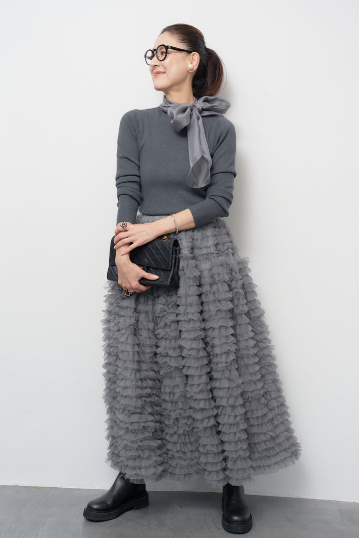 [SET]シフォンボウタイニット+チュールティアードスカート(2set)