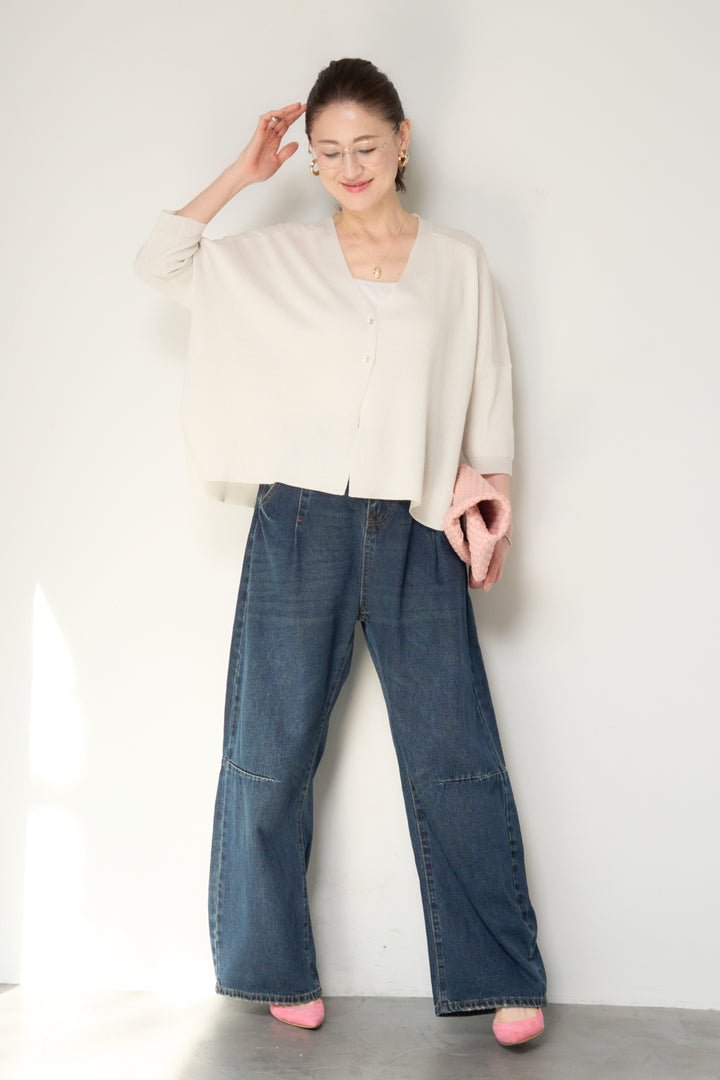 [SET]ウォッシャブルサラッとラメカーディガン+カーブデニムパンツ(2set)