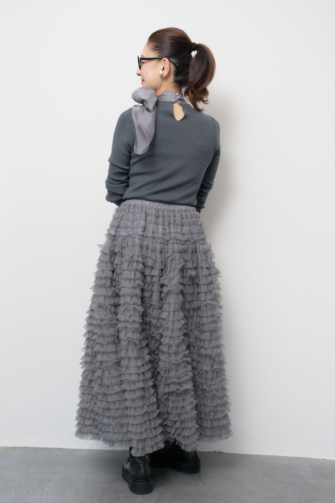 [SET]シフォンボウタイニット+チュールティアードスカート(2set)