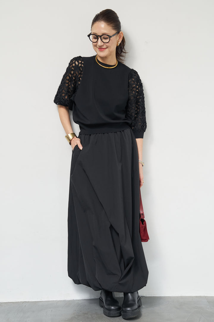 [SET]フラワースリーブニットプルオーバー+ポリエステルブロード バルーンスカート(2set)