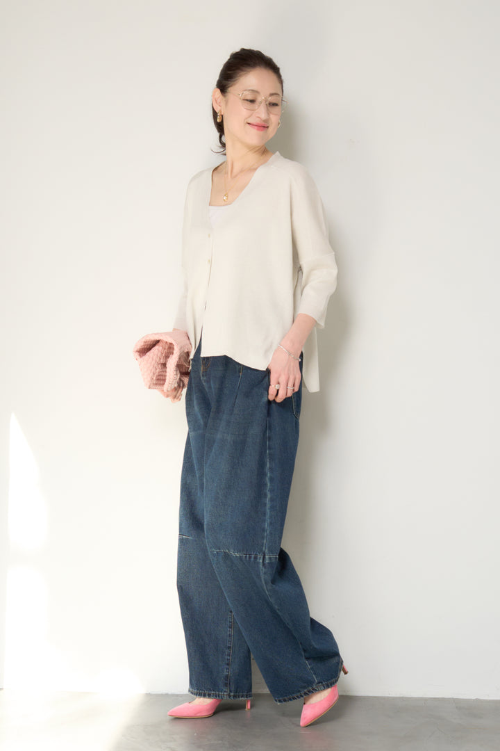 [SET]ウォッシャブルサラッとラメカーディガン+カーブデニムパンツ(2set)