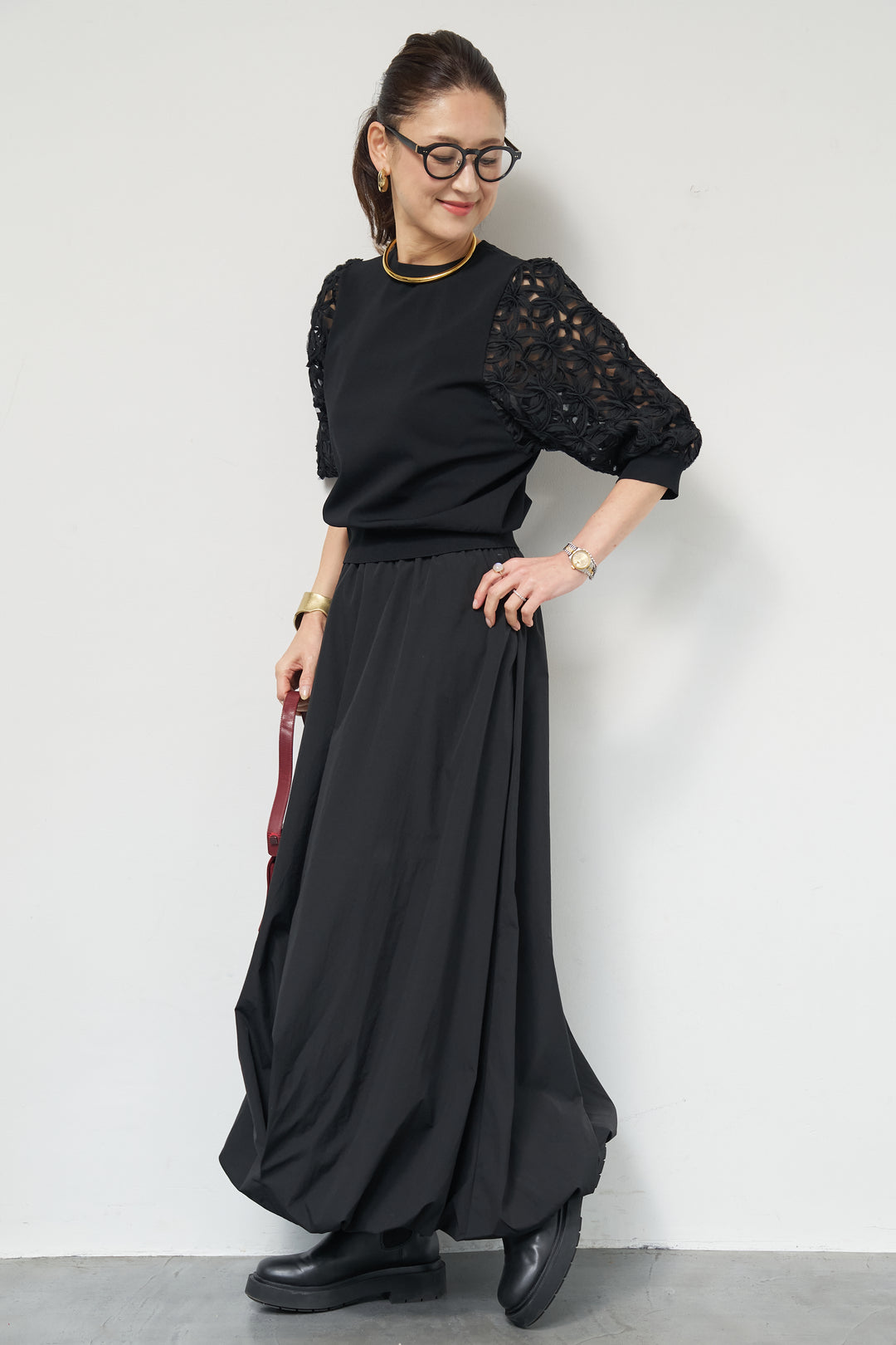 [SET]フラワースリーブニットプルオーバー+ポリエステルブロード バルーンスカート(2set)