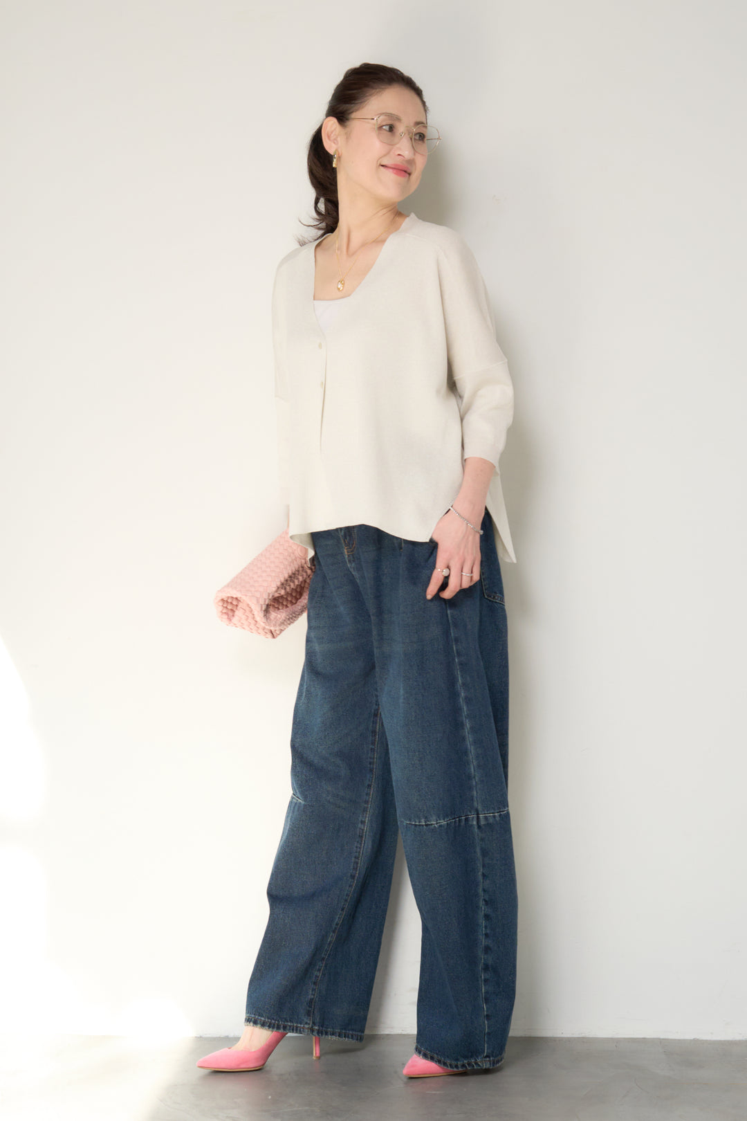 [SET]ウォッシャブルサラッとラメカーディガン+カーブデニムパンツ(2set)