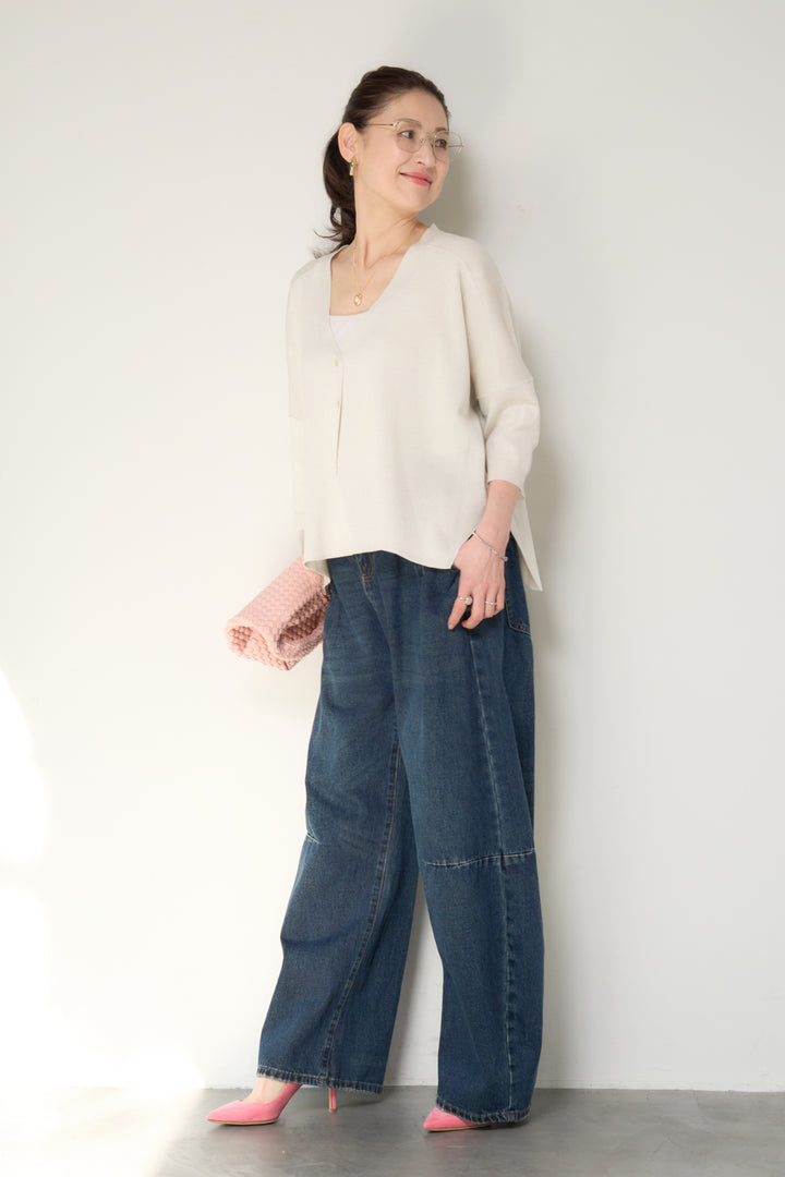 [SET]ウォッシャブルサラッとラメカーディガン+カーブデニムパンツ(2set)