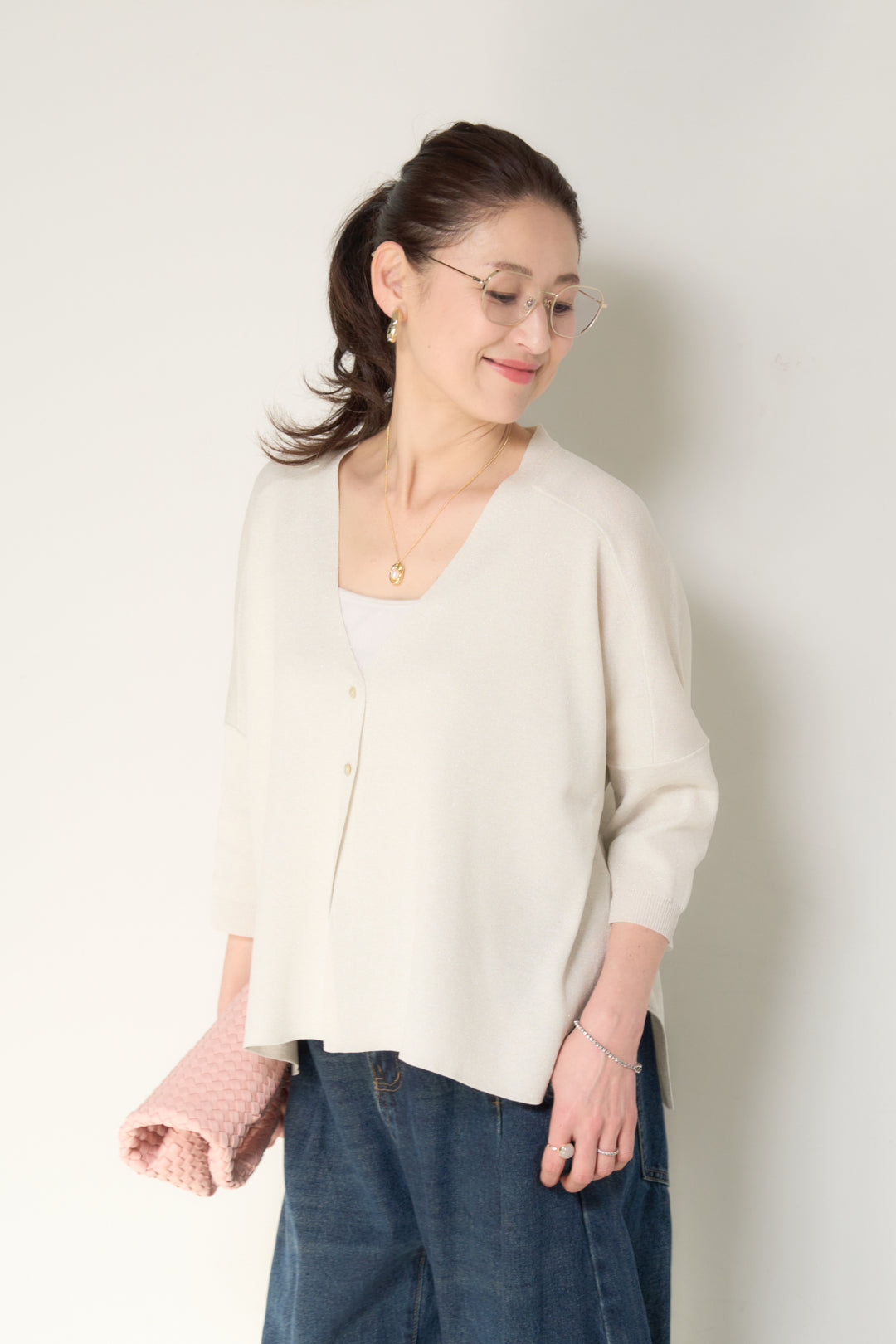 [SET]ウォッシャブルサラッとラメカーディガン+カーブデニムパンツ(2set)